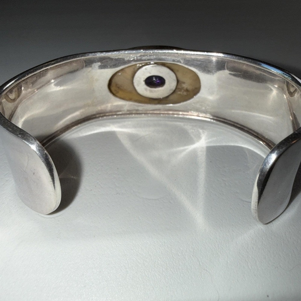 VTG Southwestern Vintage Sterling Silver Shell Amethyst Cuff Bracelet 32g - Picture 6 of 12